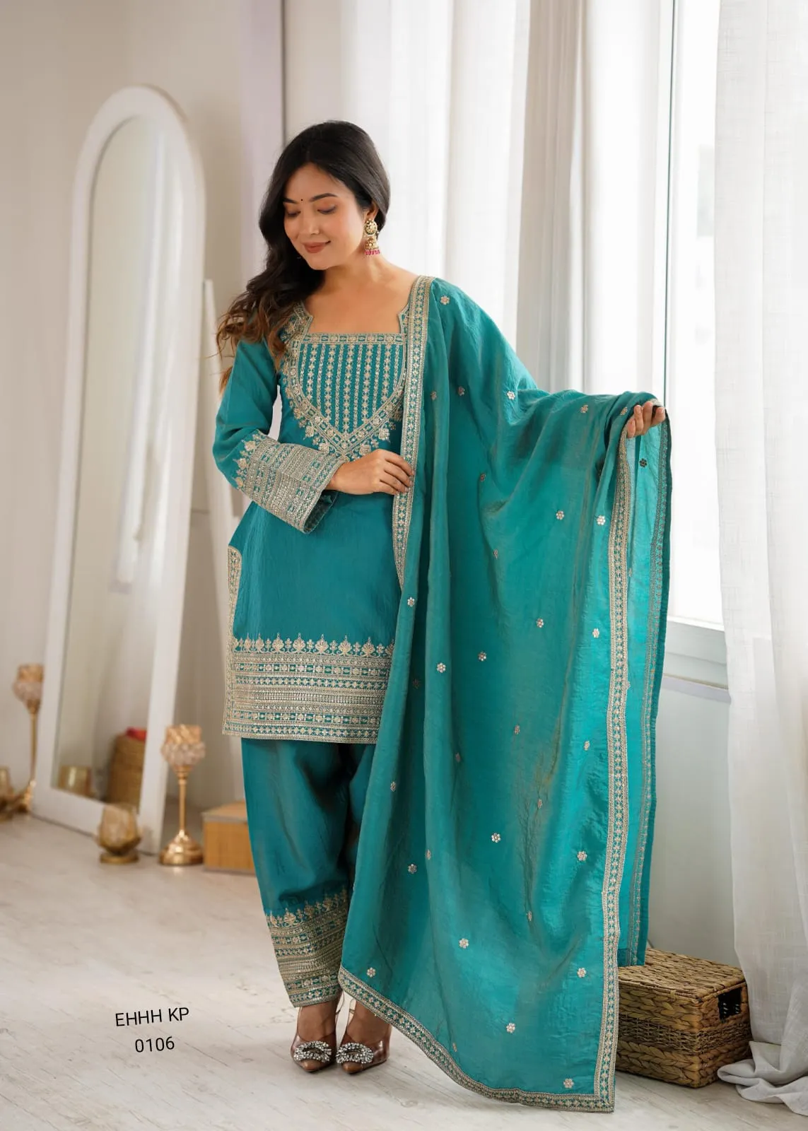 Elegant Embroidered Sharara Suit Set – Teal Green & Gold